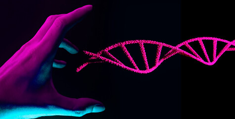 scientist or doctor touching hold the hologram of dna blood helix cell; medical healthcare science laboratory