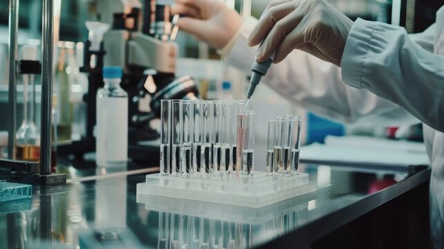 scientist carefully pipetting a sample into a test tube, with a backdrop of a neatly arranged lab bench