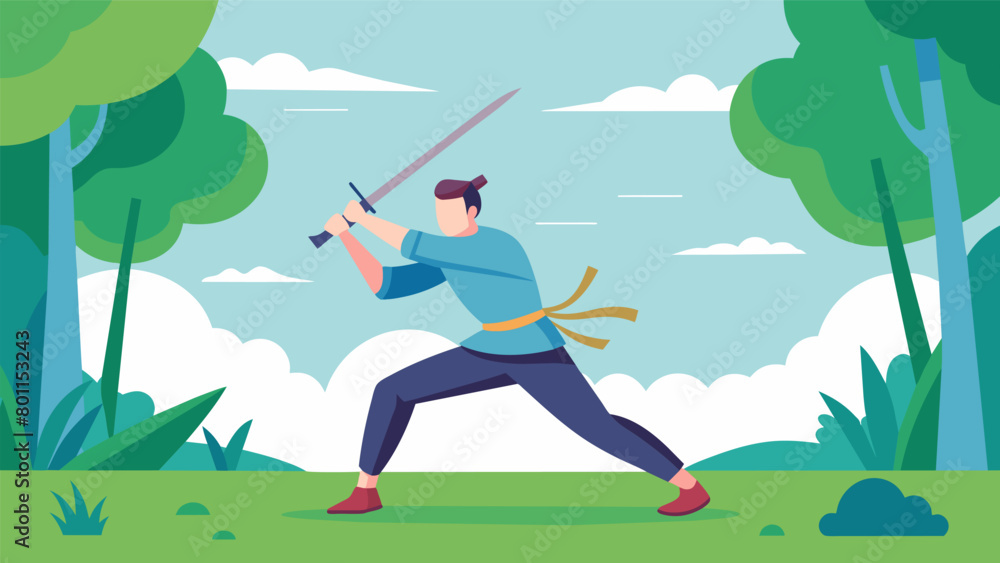 Poster a man practices his swordplay in a wooded area using the fluidity and discipline of kendo to enhance