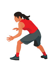 Filipino girl playing women's basketball in a red jersey who blocks shot of the ball from being thrown into a basket