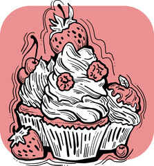 Sweet tasty dessert cupcake with cream and deco for morning breakfast in café or restaurant. Mini birthday cake for pleasure. Hand drawn retro vintage colorful vector illustration. Old style drawing.