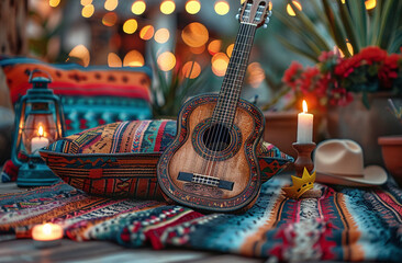 A beautifully decorated scene with a detailed acoustic guitar, colorful woven fabrics, a candle, and a small crown, set against a backdrop of warm bokeh lights.