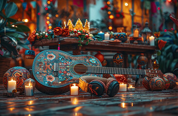 A beautifully decorated guitar with intricate designs, surrounded by candles, flowers, and festive...