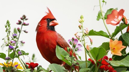 A beautifully balanced composition featuring a cardinal, its bright red feathers a vivid contrast against the green leaves and multihued flowers that surround it.