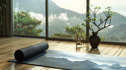 Yoga mat on the wooden floor with mountain view.