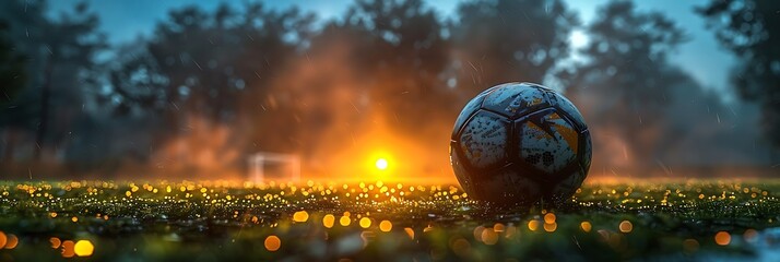 Dimly lit soccer field with a single spotlight on the ball
