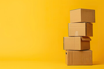 cardboard boxes stacked on a yellow background on one side