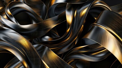 3D ribbons of black and gold swirling in a dynamic composition, with contrasting glossy and velvet-like textures creating a sense of motion.