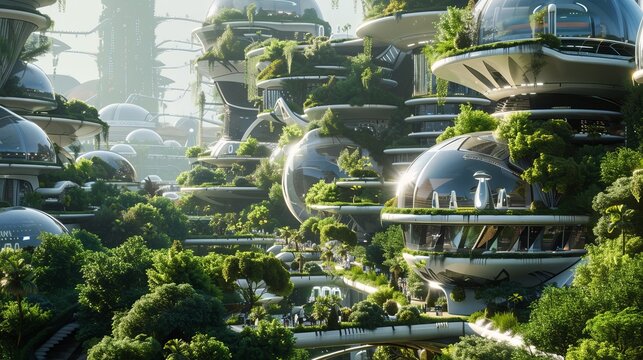 Close-up photo of a futuristic city with abundant vegetation and environmentally conscious people, free from pollution