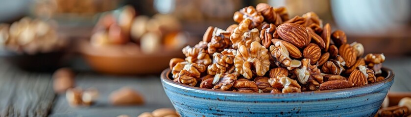 Obraz premium A bowl of nuts is on a wooden table