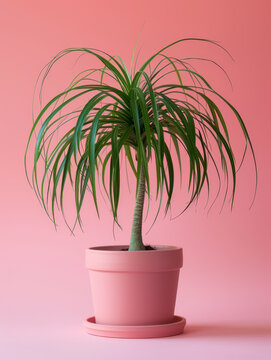 Ponytail Palm in a pot on teal backdrop.