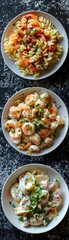 Three bowls of pasta with shrimp and parsley