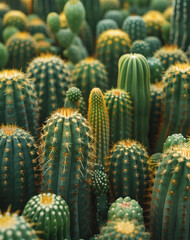 Close-up view of various cacti with sharp spines in a garden, showcasing different textures and shades of green.