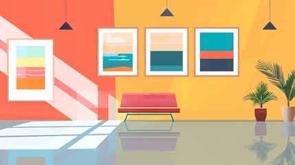 Obraz premium Flat design vector illustration of a well-lit gallery with a centered picture