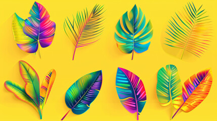 Different neon tropical leaves on yellow background