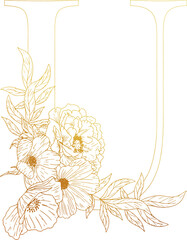 Hand drawn gold floral arrangement with peony ,roses and leaves wrapped around the letter U © AWStudios