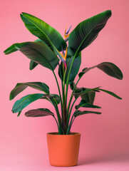 Bird of Paradise in pot on pink background