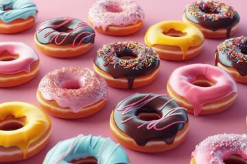 Assorted donuts illustration. Donuts pattern illustration. National Donut Day illustration. Donut dark background. Variety of delicious donuts