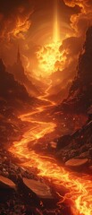 A long, winding path of lava flows through a desert