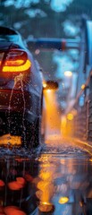 A car is driving down a wet street with its headlights on