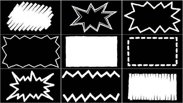 Animated sketch frames pack. 9 в 1. White highlight elements. Squares, doodles and curves to overlay text.