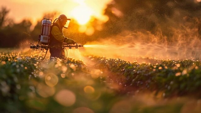 A farmer in protective gear sprays crops with a pesticide applicator during pesticide and fertilizer application.