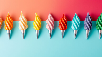 Different piping tips on color background