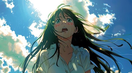 Girl Crying Under the Blue Sky