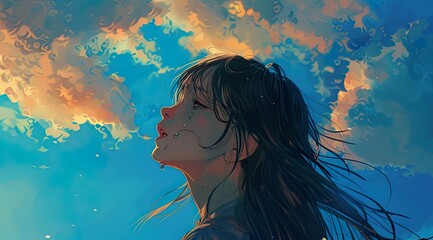 Girl Crying Under the Blue Sky