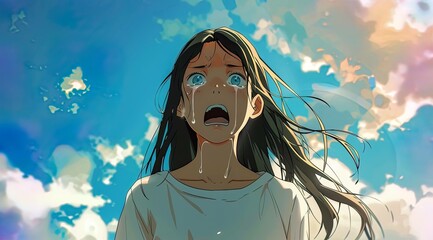 Girl Crying Under the Blue Sky