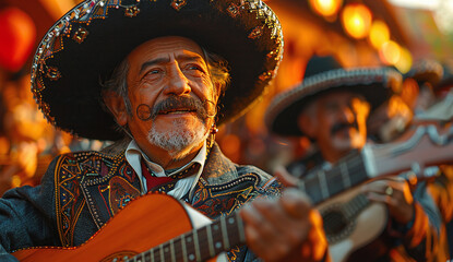 An elderly man in a traditional Mexican charro outfit playing a guitar, with another musician in the background.