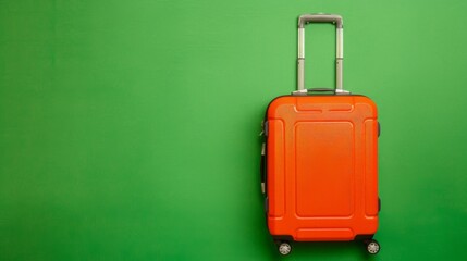 Lush orange luggage ready for going travel on green background, with copy space, bright color backgrounds