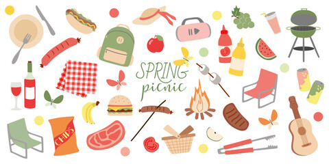 Outdoor elements. Picnic set illustration. Vector Collection of BBQ Objects isolated on white with Fruits, Food, Grill, Chips, Lemonade. Hand Drawn Summer or Spring Flat or Cartoon Design for Poster
