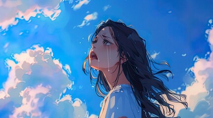 Girl Crying Under the Blue Sky