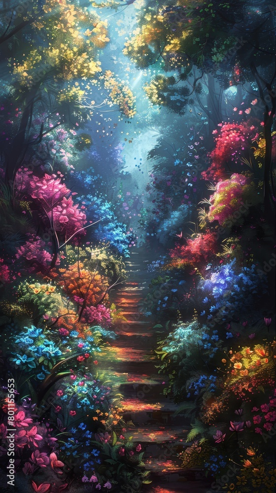 Poster a colorful forest with a path leading through it