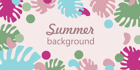 Summer Background concept design, Vector Botany illustration with Jungle exotic Monstera leaves, Colorful Trendy design. Tropical Foliage Template with Copy space for Text, Banner, Invitation, Poster.