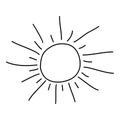 Hand drawn Doodle Sun. Outline Vector illustration, isolated on white. Black contour Drawing of Hot natural phenomenon. Child Graphic Art for Coloring book, Card, Poster, Sticker. Sunny and Warm