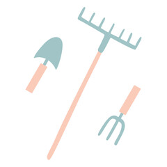 Shovel or spade, rake and pitchfork icons isolated on white background. Flat Gardening tools design Set. Colorful vector Cartoon illustration, Backyard Equipment. For Card, Ads, Web Design