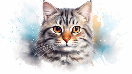 Cute cat kitten is a furry playful pet in a spray of bright watercolor paints