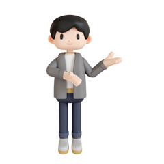 3d rendering a man standing and presenting with his hand outstretched to the right transparent
