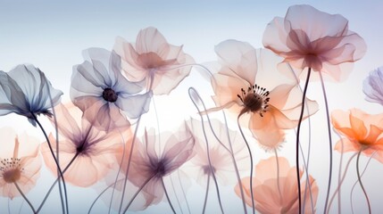 Wild flowers with desaturated colours in a light sky background