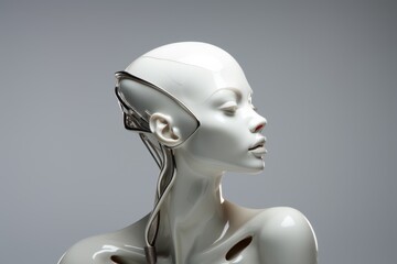 Side profile of a female android in a white background 