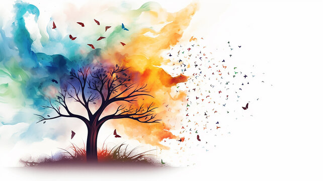 Multicolored rainbow tree, flying butterflies with watercolor paint