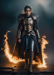 AI generated portrait of a female warrior witch with a dragon armor surrounded by flame spells