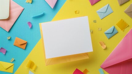 Image of white paper for writing messages on a yellow-blue background and folded paper into an envelope