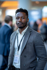 Fototapeta premium A smiling African American businessin a suit walks past a cafe with people socializing outdoors