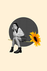 Vertical photo collage of upset bored girl sit sunflower stem receive one flower international...
