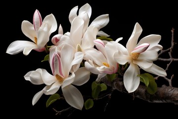 Blooming white and pink close-up flowers of magnolia on a branch with young leaves, growing in spring park or botanical garden, with blurred dark green background