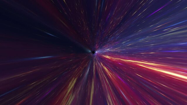 Wormhole through time and space. Space curvature. Hyper jump in space in hyperspace among colorful stars, galaxies and nebulae in red colors. Elements of this video furnished by NASA.