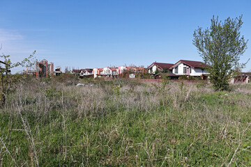 Field with dry grass. Uncultivated land.